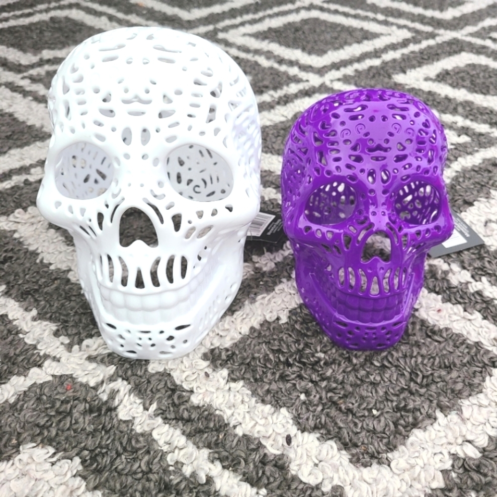 White & Purple Skull Head Halloween Decor set of 2